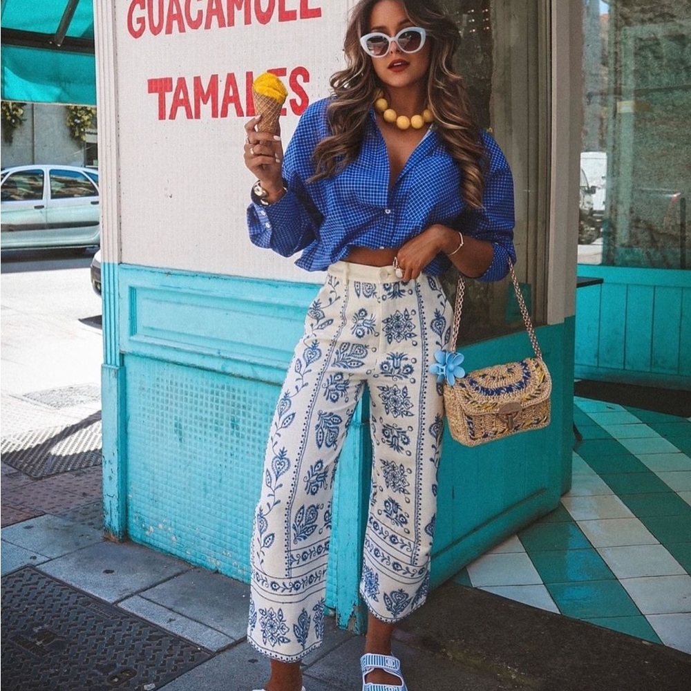 Zara Blue and White Patterned Pants